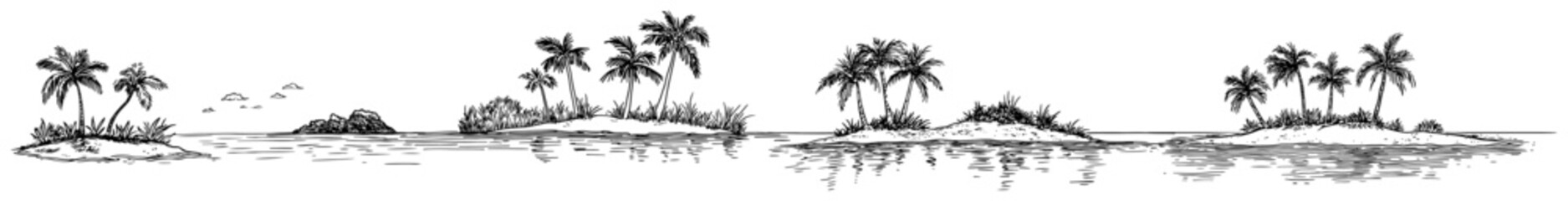 Tropical island panorama with palm trees and ocean waves in detailed line art style © Kaz