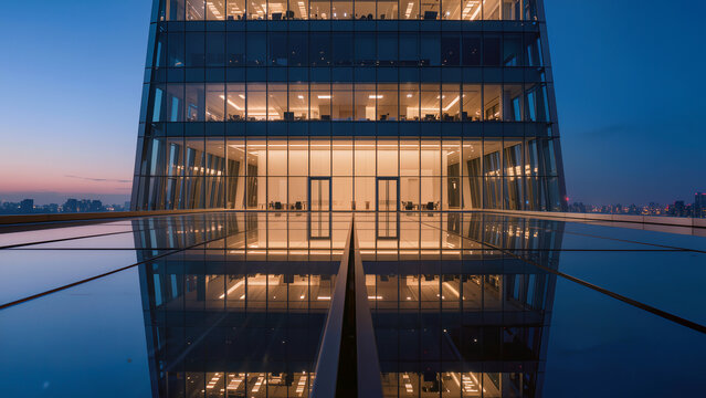Modern Glass Skyscraper Facade Reflection at Twilight