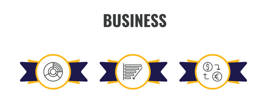business outline icon set. thin line circular chart, depleting chart, currency exchange icons. editable vector