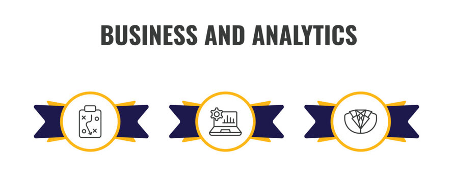 business and analytics outline icon set. thin line tactic, laptop with analysis, dress code icons. editable vector
