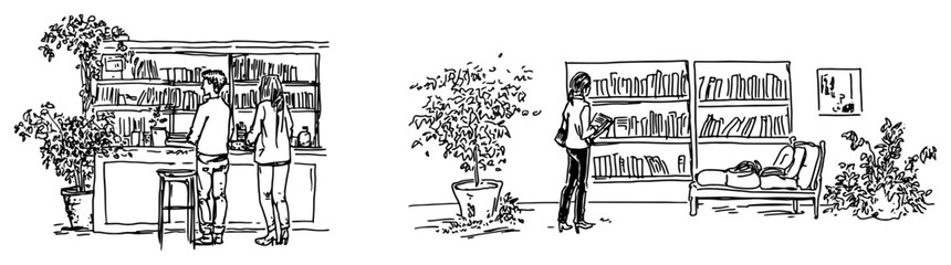 People browsing bookshelves and standing at counter in modern interior line art style © Kaz