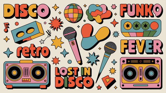 retro disco themed illustration with cassette tapes microphones and vibrant typography