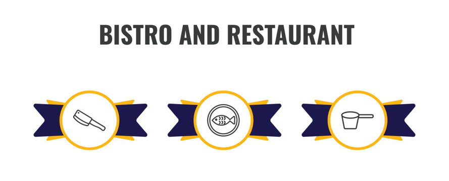 bistro and restaurant outline icon set. thin line butcher knife, kitchen fish, lateral pan icons. editable vector