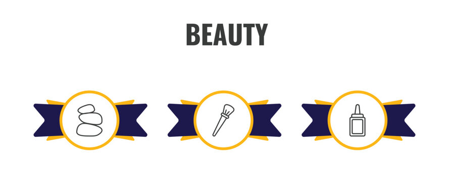 beauty outline icon set. thin line three stones, inclined makeup brush, aplicator bottle icons. editable vector