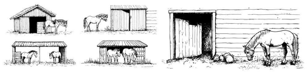 Horses standing near wooden stables and farm barns in hand drawn sketch style © Kaz