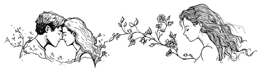 Fototapeta premium Beautiful woman portrait and romantic couple with flowers in hand drawn sketch style
