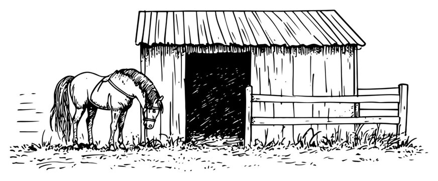 Horse standing in front of wooden stable building in hand drawn sketch style