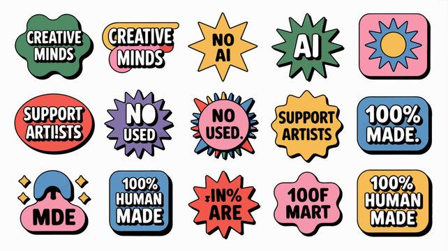 Collection of colorful vector stickers with creative and anti ai messaging on a white background