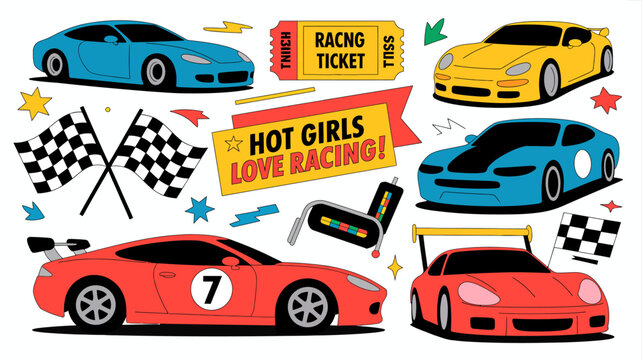 Colorful illustration of racing cars checkered flags and racing tickets with a playful design