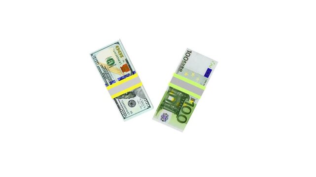 Bundled stacks of US dollar and euro banknotes rotate on a white background in a clean 3D render