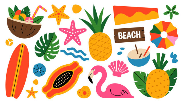Tropical summer illustration with beach elements including flamingo pineapple and starfish on white background