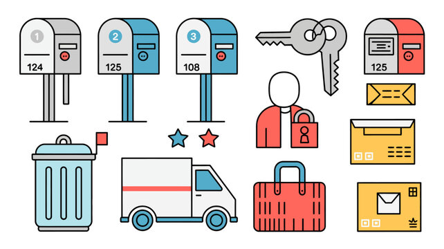 collection of postal service and delivery icons in a flat colorful line art style