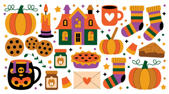 halloween themed illustration with pumpkins sweets and cozy autumn objects on a white background