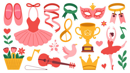 Ballet themed illustration with pointe shoes tutu violin and floral elements on a white background © Digishopppp