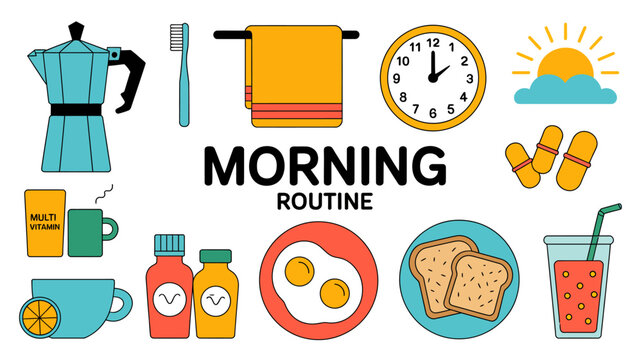 vector illustration of morning routine items including coffee maker toothbrush and breakfast