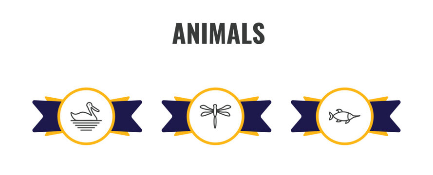 animals outline icon set. thin line pelican, dragonflay, swordfish icons. editable vector