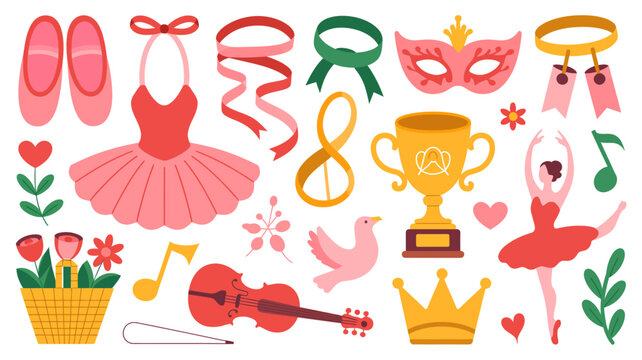 Ballet themed illustration with pointe shoes tutu violin and floral elements on a white background