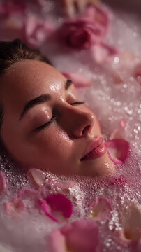 Self-care and relaxation concept illustration showing a top view of a bathtub with rich foam and flower petals, face hidden, Generative AI illustrations.