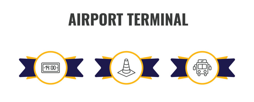 airport terminal outline icon set. thin line terminal watch, road cone, airport bus icons. editable vector