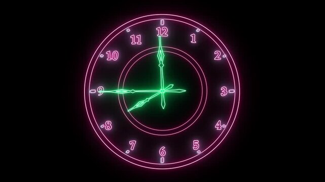Watch face purple green hands Arabic numerals 8 o'clock hands in motion black screen. Computer graphics.