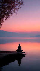Obraz premium Senior woman meditating by a calm lake with a peaceful atmosphere, Generative AI illustrations.