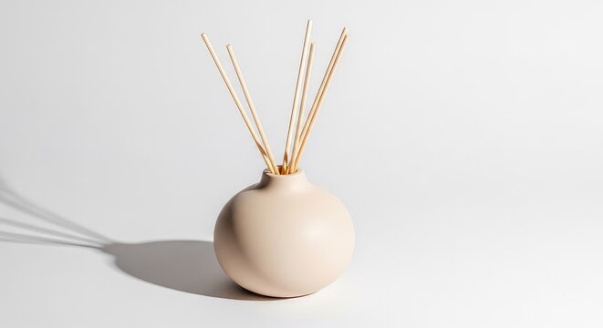 Minimalist beige ceramic essential oil diffuser with light wooden reed sticks on a clean surface for a soft home decor and calm relaxation, calm, decor, ceramic