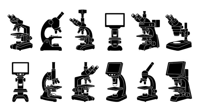 Microscope lab icon set with detailed black silhouette, vintage optics, and science equipment for educational infographic design