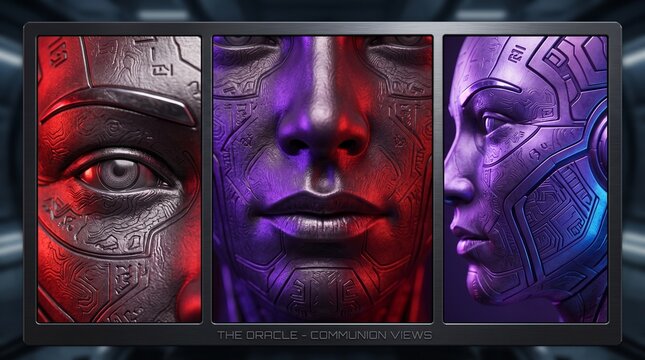 Futuristic Triptych of Cyborg Face with Intricate Circuitry Textures, Neon Red and Purple Lighting, AI Concept Art