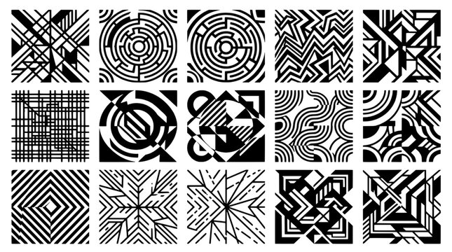 Pattern tiles seamless geometric ornament set with tribal maze lines and high-contrast black white textures for design backgrounds