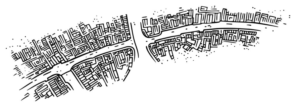 City map with buildings and streets from aerial view in sketchy doodle style