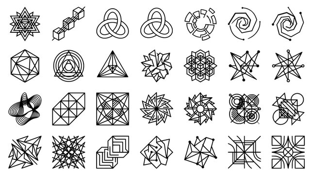 Star polygon symmetry patterns set with geometric line art, wireframe shapes, and rotational balance for decorative icons