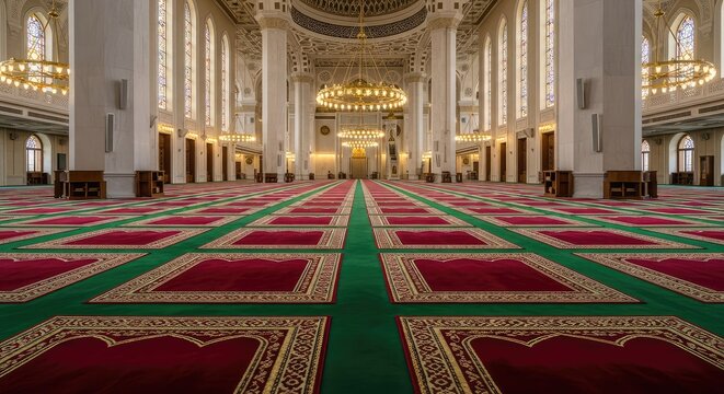 Symmetric rows of prayer mats on a carpeted floor inside a grand mosque with soft light filtering through windows during the holy month, sanctuary, hall, religious