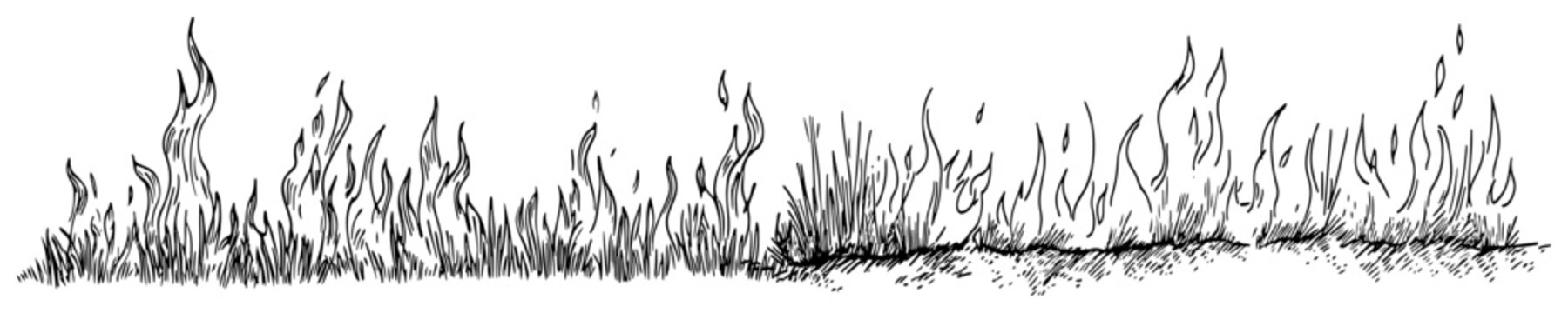 Fire flames burning on the ground border in hand drawn sketch style