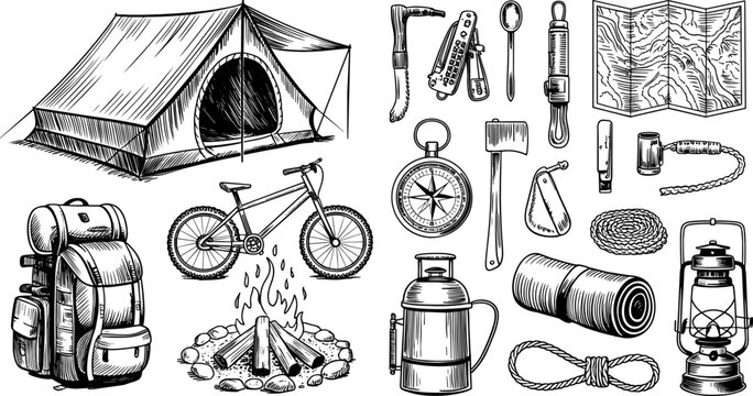 Vintage Hand Drawn Vector Set of Camping Equipment Tent Backpack Bicycle Campfire and Hiking Tools in Detailed Engraving Style for Outdoor Adventure Designs