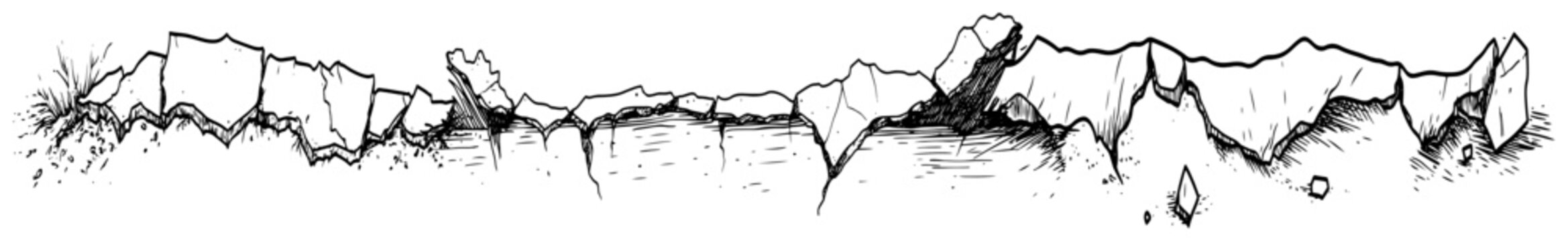 Shattered ground surface with sharp broken fragments in hand drawn sketch style