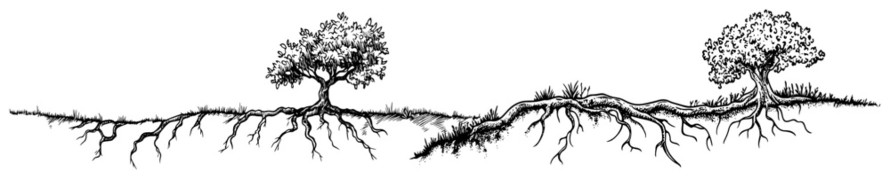Trees with extensive root systems showing underground structure in hand drawn nature sketch style