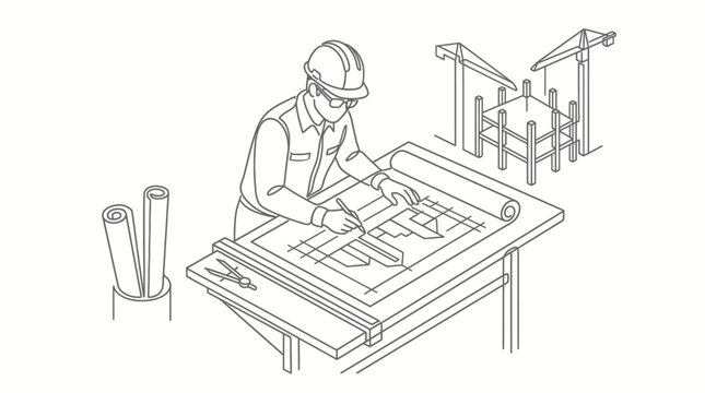 Civil engineer works on blueprint Architect designs building plan