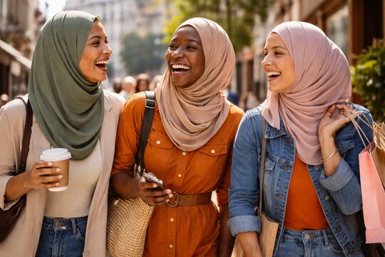 Muslim women friends laughing together in the city