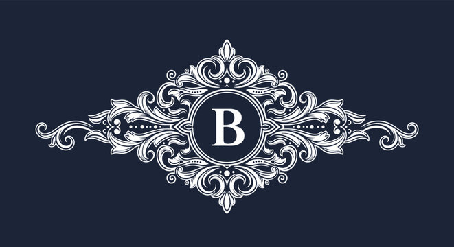 Elegant vintage monogram frame with intricate white scrolls and flourishes on a dark blue background featuring the letter B in the center.