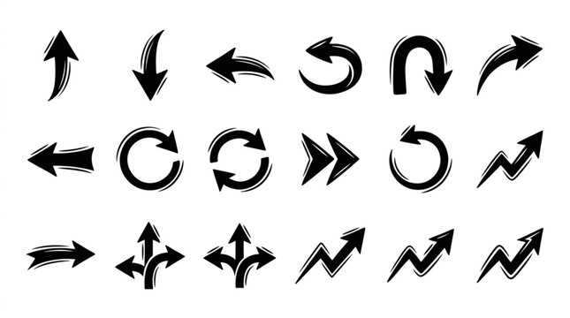Collection of hand drawn brush stroke arrow icons in black.