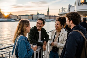 Fototapeta premium Friends laughing together on ferry at sunset