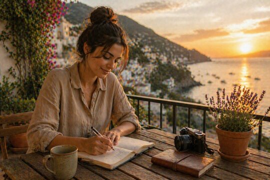 Woman journaling on terrace during sunset