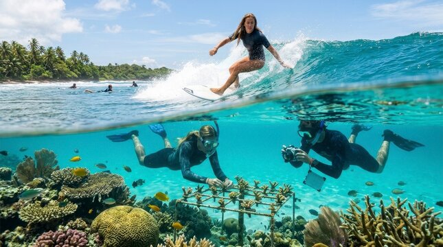Surfer Riding a Wave with Divers Exploring Underwater Coral Reef.
