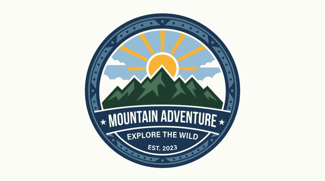 Scenic emblem representing a mountain adventure with sun rays, clouds, and peaks