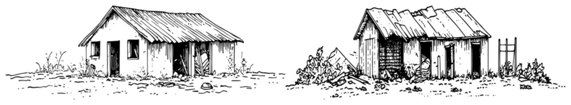 Stone cottage and dilapidated wooden shack in rural landscape in hand drawn sketch style