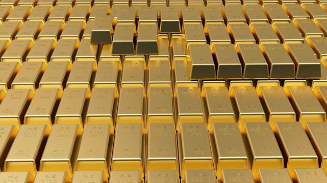 Rows of shiny gold bullion bars with a few stacked ingots as the camera slowly glides over the reflective metallic surface in a seamless 3D render, 3D animation