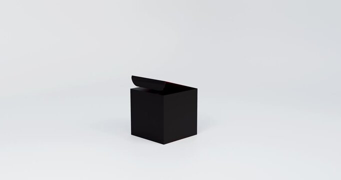 A 3D rendering of a carefully designed black cardboard box that reveals its inside when opened