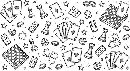 Board Game Elements Vector Set Featuring Playing Cards, Chess Pieces, Dice, Dominoes, Puzzle Pieces, Coins, and Checkered Game Boards © Ruhul