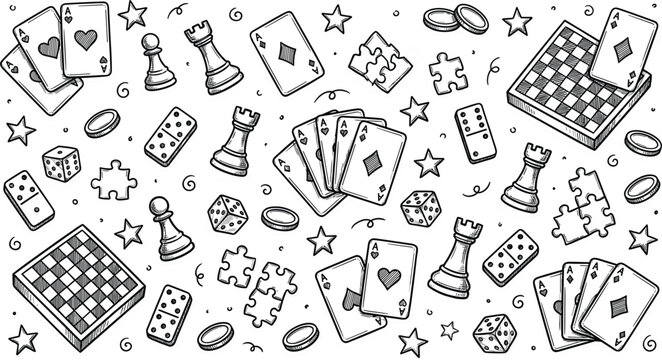 Board Game Elements Vector Set Featuring Playing Cards, Chess Pieces, Dice, Dominoes, Puzzle Pieces, Coins, and Checkered Game Boards