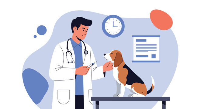 Professional male veterinarian in a lab coat giving a medical injection to a calm beagle dog on an examination table in a pet clinic.